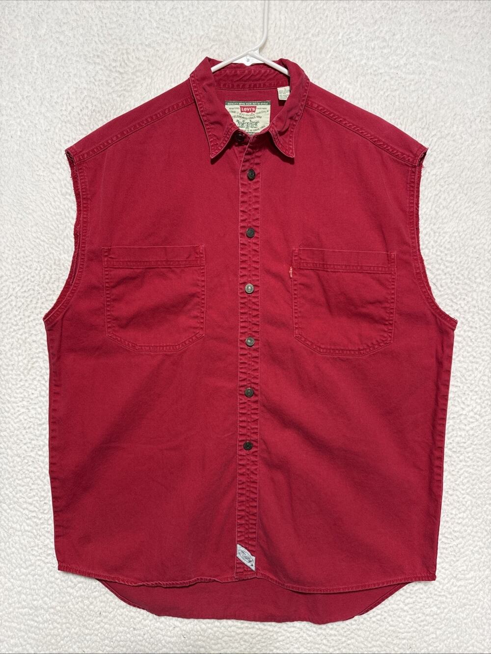 VTG 90s Levis Large Hong Kong Sleeveless Button Up Shirt Red Cotton Rare